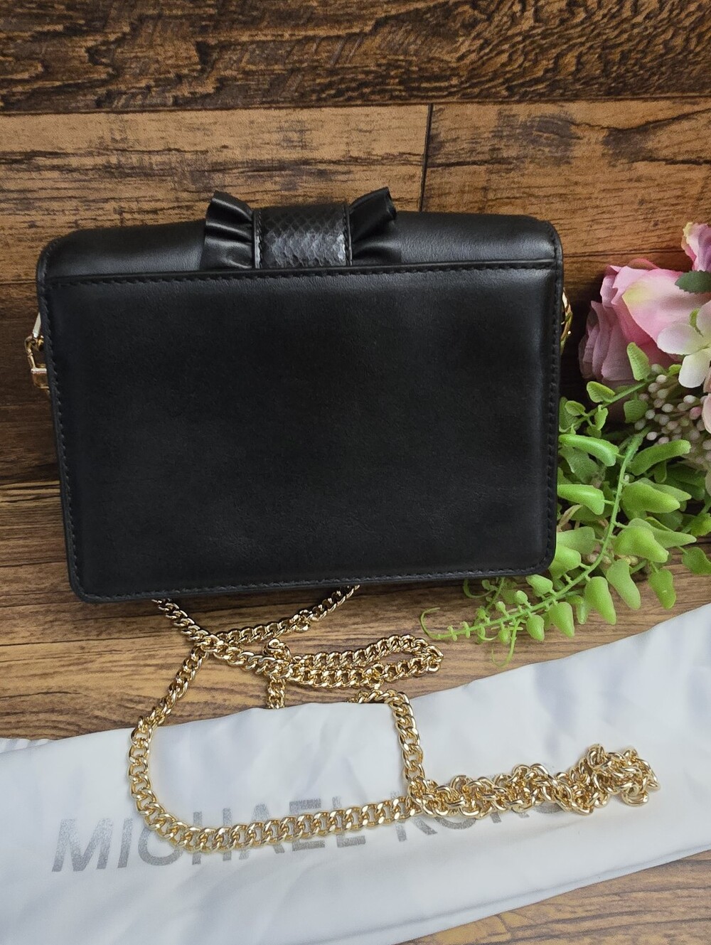 Michael Kors Jade- Black Ruffle Accent Leather Crossbody with Gold Chain - Picture 3 of 4